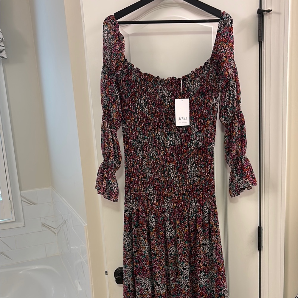 Misa Los Angeles Red and Gray Sundress with Bishop Sleeves